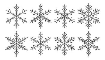 ensemble de flocons de neige de différentes formes isolés sur fond blanc. illustration vectorielle dessinée à la main dans le style doodle. parfait pour les conceptions de vacances et de Noël, les cartes, le logo, les décorations. vecteur