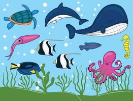 collection d'animaux marins colorés dessinés à la main vecteur