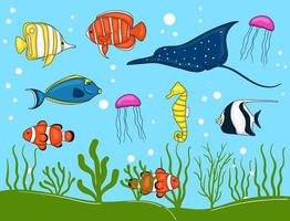 collection d'animaux marins colorés dessinés à la main vecteur