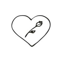icône de coeur de griffonnage. symbole d'amour avec rose. illustration graphique dessinée à la main mignonne isolée sur fond blanc. signe de style de contour simple. modèle de croquis d'art vecteur