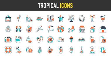 tropical vacances Icônes ensemble. tel comme saisonnier éléments, flamants roses, la glace crème, ananas, tropique feuilles, cocktails, plumeria, pastèque, plage, yacht, jus, la vie veste, caméra, bikini et plus icône. vecteur