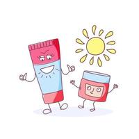 personnages de beauté mignons de crèmes solaires cosmétiques avec visage, bras et jambes isolés sur fond blanc. protection solaire dans un tube et un pot. illustration vectorielle dessinés à la main vecteur