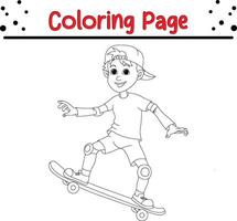 peu garçon en jouant planche à roulette coloration livre page pour enfants. vecteur