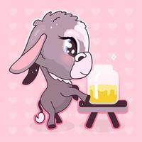 personnage de vecteur de dessin animé mignon âne kawaii. adorable et drôle d'animal dégustant du miel dans un pot autocollant isolé, patch, illustration de jeune fille. mule bébé fille anime, emoji burro sur fond rose