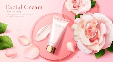 luxe cosmétique crème un d modèle. 3d faciale crème produit tube sur une rose podium entouré par des roses et pétales sur rose Contexte. vecteur