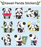 Jeu de caractères de vecteur de dessin animé mignon panda kawaii. animal adorable, heureux et drôle mangeant de la pastèque, autocollant isolé en bambou, pack de patchs. Anime bébé panda endormi emoji sur fond bleu