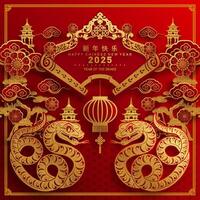 content chinois Nouveau année 2025 le serpent zodiaque signe avec fleur, lanterne, asiatique éléments rouge papier Couper style sur Couleur Contexte. vecteur