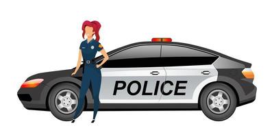 femme flic debout par vecteur de couleur plat automobile caractère sans visage. femme policier isolé illustration de dessin animé pour la conception graphique et l'animation web. policière souriante près de la voiture de patrouille