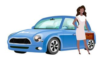 femme d'affaires debout en voiture caractère sans visage vecteur de couleur plate. femme afro-américaine tenant une mallette près de mini cooper illustration de dessin animé isolé pour la conception graphique et l'animation web