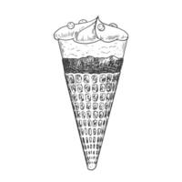 la glace crème esquisser. la glace crème dans gaufre cône avec Chocolat Garniture et baies isolé sur blanc Contexte. congelé dessert. noir et blanc gelato dessin avec éclosion. vecteur