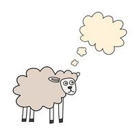 dessin animé doodle mouton linéaire avec bulle de pensée isolé sur fond blanc. vecteur