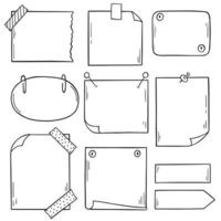 ensemble de griffonnage de page de papier. feuilles de papier mémo, pense-bête, rappel, page de bloc-notes avec clip, épingles et scotch dans le style de croquis. illustration vectorielle dessinés à la main isolé sur fond blanc. vecteur