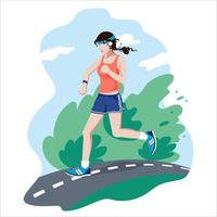 la fille court le long de la route dans des écouteurs avec un bracelet de fitness. illustration de faire du sport dans la nature et un mode de vie sain. vecteur