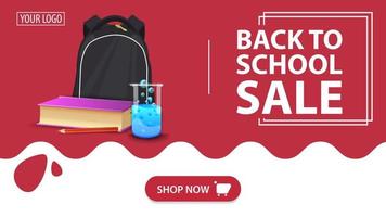 vente de retour à l'école, bannière rouge avec sac à dos scolaire, un livre et un flacon chimique vecteur