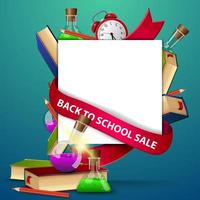 vente de retour à l'école, modèle de bannière web avec livres et flacons chimiques