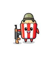 Adorable mascotte de pop-corn en tant que soldat vecteur