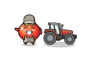 la mascotte de fermier de tomates debout à côté d'un tracteur vecteur