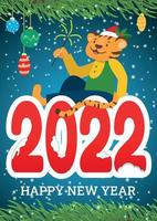 carte de voeux du nouvel an avec un tigre heureux dans un chapeau avec un cierge magique dans sa patte. illustration vectorielle. vecteur