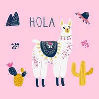 lama illustration avec caractères, cactus, montagne, mexicain sombrero. impression pour affiche, carte. vecteur