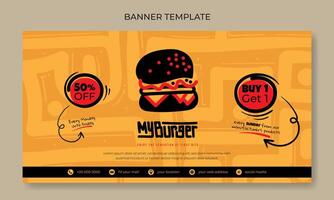 bannière modèle avec dessin animé de Burger dans noir conception et Jaune ligne art main tiré dans Orange Contexte pour vite nourriture publicité conception vecteur