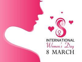 célébrer international aux femmes jour, Mars 8, avec une rose concept de une femme visage sur le la gauche et une femelle symbole conception sur le droite vecteur