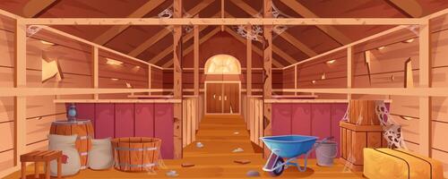 dessin animé abandonné Grange intérieur avec toile d'araignée et détruit des murs. négligé ferme maison ou en bois vide ranch avec stalles, meules de foin, sacs et portail. vieux campagne entrepôt bâtiment pour animaux. vecteur