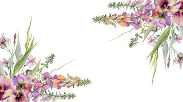 main tiré aquarelle illustration botanique fleurs feuilles. digitale pourprée muflier lupin, mauve pensée alto, saule eucalyptus branches, ancolie. Cadre isolé sur blanche. conception mariage, l'amour cartes vecteur