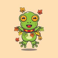 mignonne grenouille avec l'automne feuille décoration dessin animé illustration. vecteur