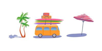 ensemble isolé Jaune autobus les valises planches de surf tropical paume arbre rouge blanc rayé plage parapluie clipart vecteur