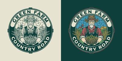agriculteur en portant légume logo ancien style illustration pour agriculture industrie vecteur