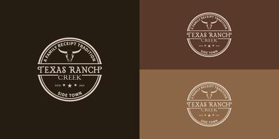 ancien rétro occidental pays étiquette badge emblème classique typographie logo conception. Texas longhorn logo pays occidental taureau bétail ancien rétro logo conception. occidental famille ranch logo conception inspiration vecteur