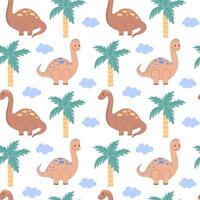 brillant puéril sans couture modèle avec dinosaures. mignonne animaux, des arbres, coloré dessin animé illustration pour des gamins décor et textiles. vecteur