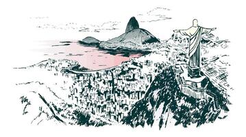 iillustration de aérien vue de guanabara baie, Rio de janeiro, Brésil. art dans dépouillé lignes, Fait main, représentant courant fois. vecteur