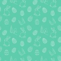 sans couture modèle de dessiné à la main lapins, oreilles, Pâques des œufs. de fête Pâques lapins conception. continu ligne art. isolé sur vert toile de fond. Pâques décoration, emballage papier, salutation, textile, impression vecteur