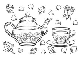 main tiré théière, tasse, Rose. illustration dans contour style. vecteur