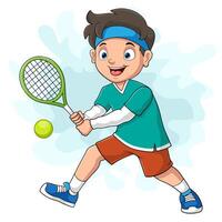 dessin animé petit garçon jouant au tennis vecteur
