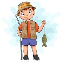 dessin animé heureux petit garçon pêche vecteur