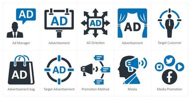une ensemble de dix les publicités et commercialisation Icônes comme un d directeur, publicité, un d direction vecteur