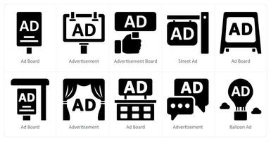 une ensemble de dix les publicités et commercialisation Icônes comme un d conseil, publicité, publicité planche vecteur