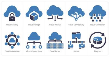 une ensemble de dix gros Les données Icônes comme nuage sécurité, nuage stockage, nuage sauvegarde vecteur