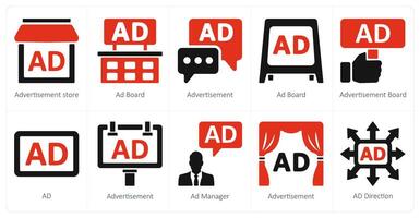 une ensemble de dix les publicités et commercialisation Icônes comme publicité magasin, un d conseil, publicité vecteur