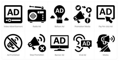 une ensemble de dix les publicités et commercialisation Icônes comme publicité, radio publicité, ballon un d vecteur