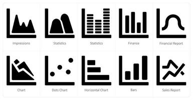 une ensemble de dix diagrammes et rapports Icônes comme impressions, statistiques, la finance vecteur