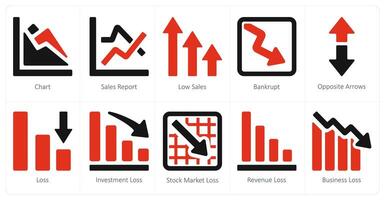 une ensemble de dix diagramme et rapports et rapports Icônes comme graphique, Ventes rapport, faible Ventes vecteur