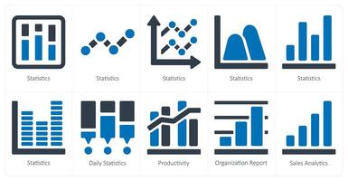 une ensemble de dix diagrammes et rapports Icônes comme statistiques, du quotidien statistiques, productivité vecteur