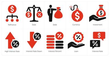 une ensemble de dix prêt et dette Icônes comme refinancer, dette, devise vecteur
