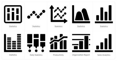 une ensemble de dix diagrammes et rapports Icônes comme statistiques, du quotidien statistiques, productivité vecteur