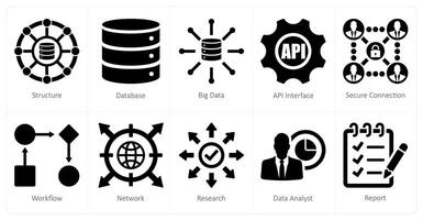 une ensemble de dix Les données analytique Icônes comme structure, base de données, gros Les données vecteur