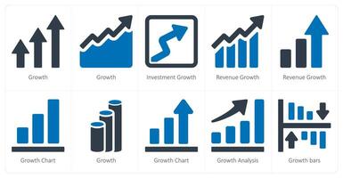 une ensemble de dix diagrammes et rapports Icônes comme croissance, investissement croissance, revenu croissance vecteur