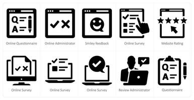 une ensemble de dix enquête et notes Icônes comme en ligne questionnaire, en ligne administrateur, smiley retour d'information vecteur